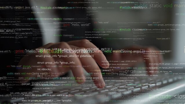 Close-up view of hands typing on a keyboard, surrounded by floating programming code and syntax, illustrating creativity and problem-solving in modern software development. Xenic