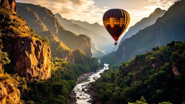A colorful hot air balloon floats above a winding river in a deep mountain valley at sunset