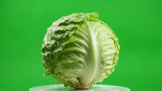 Fresh head of green iceberg lettuce rotating slowly on a bright chroma key green screen background for compositing