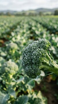 Vibrant broccoli against a lush field background.