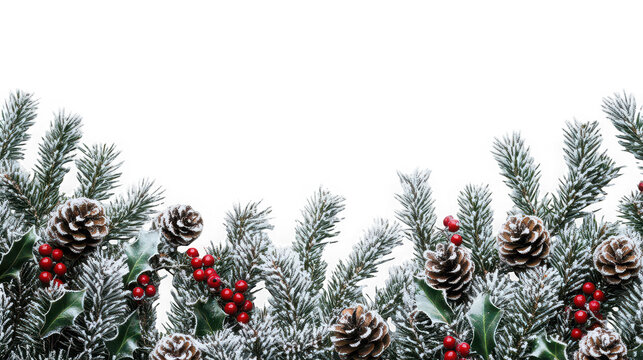 Frosted evergreen pine branches with red holly berries with celebration on transparent background