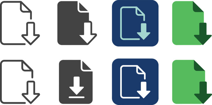 Minimal Download Document File Icon Set Collection Outline Filled Glyph Flat Color Digital File Management Editable Vector Isolated on White Background