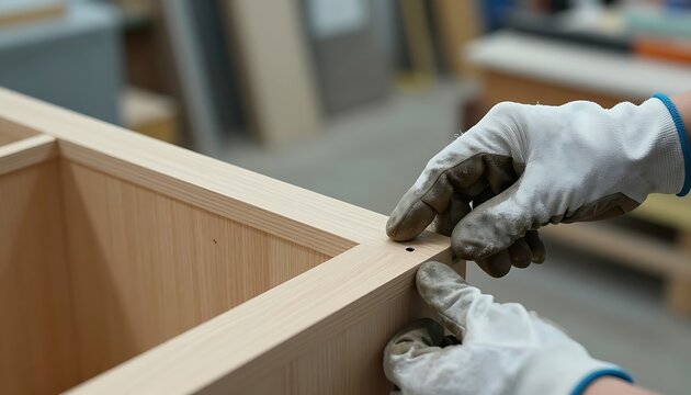 Woodworker hands wearing protective gloves assembling custom wooden furniture frame in professional workshop setting with components furniture construction