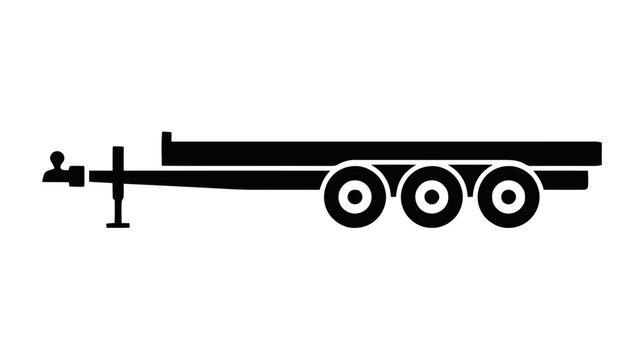 Vector illustration of flatbed trailer icon, side view of a heavy duty transport vehicle on a transparent background