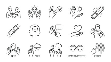 Obraz premium Set of Line Icons: Teamwork, Idea, Success, Support, Connection, Brainstorming, Communication, Care, Action, Openness, Hope, Infinity, People