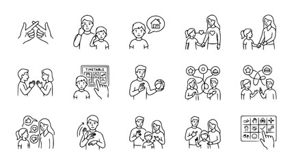 Fototapeta premium Family Communication Icons: Hand Gestures, Conversation, Technology, Home, Education, Connection