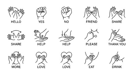 Sign Language Icons: Hello, Yes, No, Friend, Share, Help, Please, Thank You, Love, Eat, Drink © Undur