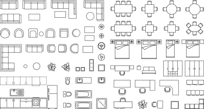 Architectural furniture plan symbols vector library. Top view CAD blocks with tables, chairs, sofas, desks, storage, kitchen and bathroom layouts for interior planning, blueprint drafting and const