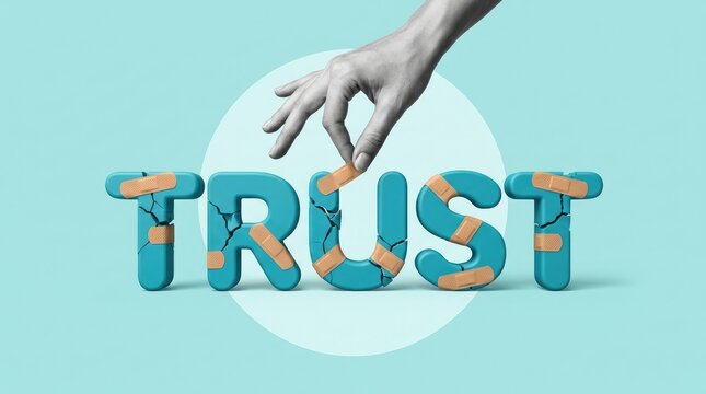 Human hand repairing a broken blue trust word with adhesive medical bandages against pastel background