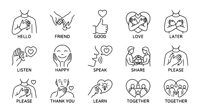 Set of Line Icons: Human Gestures, Emotions, and Communication Symbols