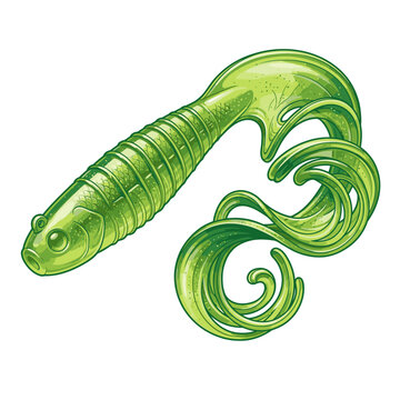 A vibrant green artificial fishing lure shaped like a grub with a curly tail, designed to attract fish