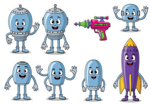 Cute cartoon space robots and rocket set