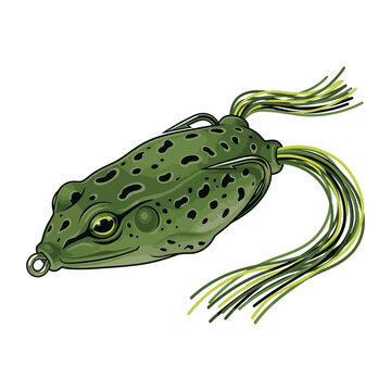 A realistic illustration of a frog fishing lure, designed to mimic a frog with green spotted body and yellow-green tail