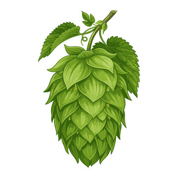 A close-up of a ripe, green hop cone with serrated leaves. This ingredient is commonly used in brewing beer.