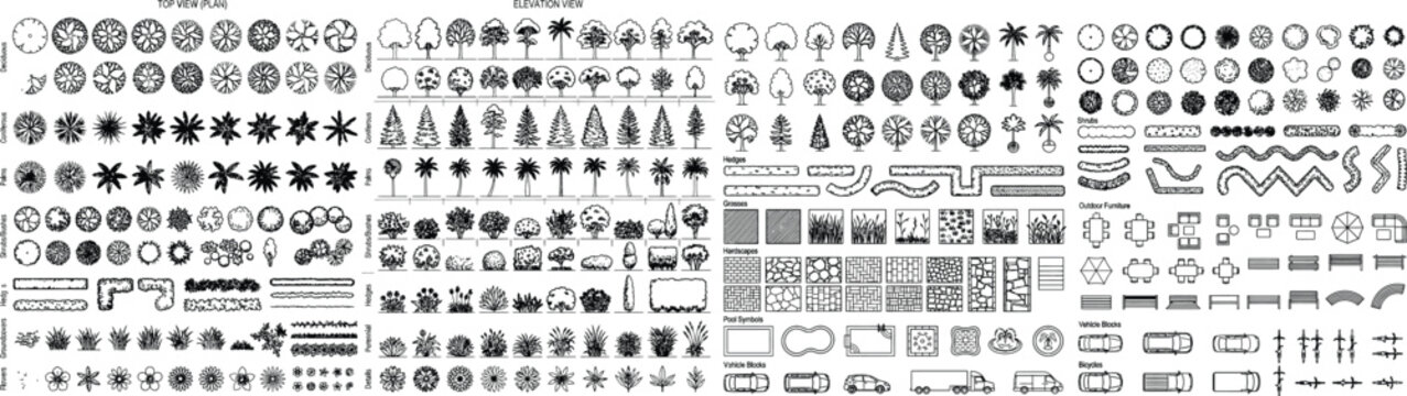 Landscape CAD symbol library vector set. Site plan blocks with trees, shrubs, people, benches, hatch patterns and drafting symbols for urban masterplans, planting plans and architectural documentation