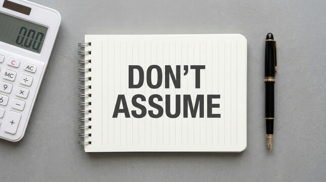 White spiral notebook showing bold dont assume text with a calculator and black ink pen