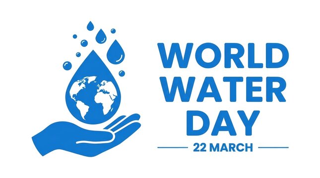 Blue minimalist illustration featuring a hand holding a globe inside a water drop for awareness