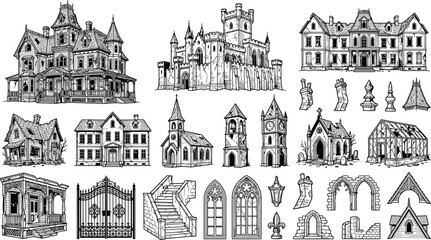 Obraz premium Historic architecture sketch vector set. Hand drawn building icons of Victorian houses, castles, churches, cathedrals, bridges, gates and architectural details for heritage design, tourism and vintage