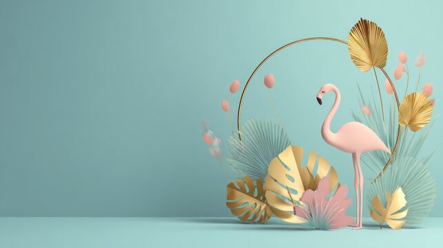 Three dimensional rendering showcases a pale pink flamingo surrounded by stylized tropical foliage and a gold circular frame against a muted blue background