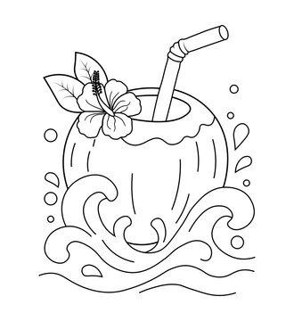 Tropical coconut water drink with hibiscus flower and waves line art vector illustration.