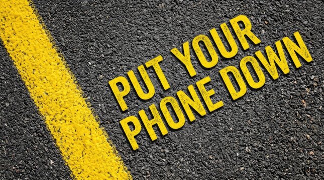Bright yellow painted text warning drivers to put their phone down on dark asphalt road