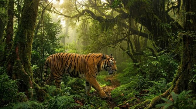Bengal tiger walking through lush green tropical jungle forest.
