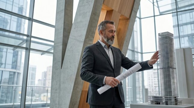 Architect presenting building model in modern office.