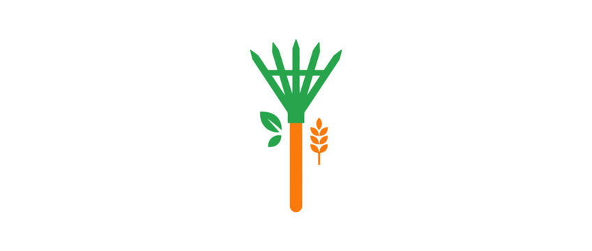 Flat vector illustration of a garden rake with leaves and wheat grain