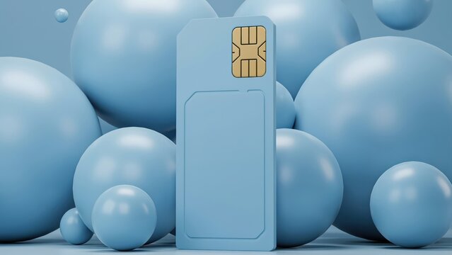 Blue sim card with a golden chip standing in front of many blue spheres in 3d style