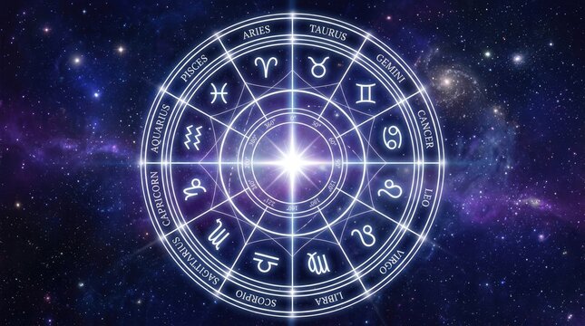 Glowing zodiac wheel featuring twelve astrological signs arranged in a circle against a deep space background