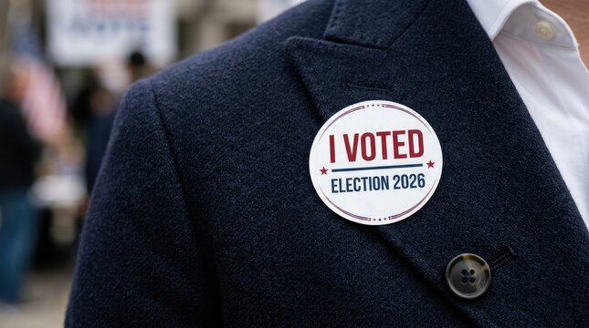 Close up of a round sticker that says i voted election 2026 on blue blazer