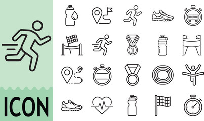 Running fitness and marathon competition thin line icon set. © FF