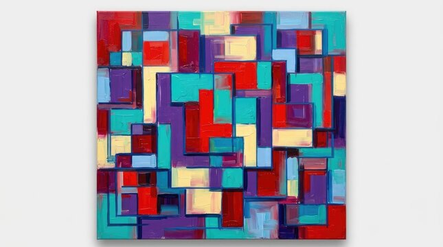 Abstract oil painting featuring geometric shapes in vibrant red purple and turquoise colors on canvas surface