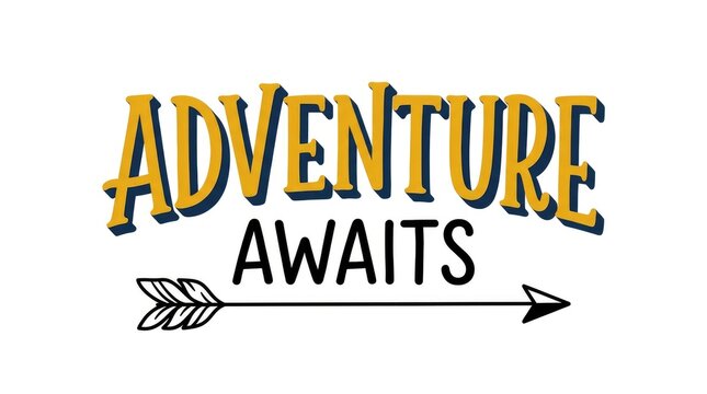 Adventure awaits typography design with a hand drawn arrow symbol in yellow blue and black colors
