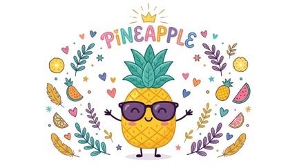 Naklejka premium Cute cartoon pineapple character wearing sunglasses surrounded by colorful tropical leaves and sweet heart shaped elements