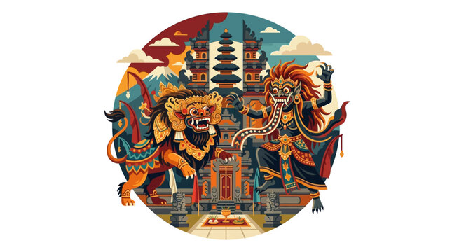 Detailed scene depicting the legendary Balinese ritual Barong dance.