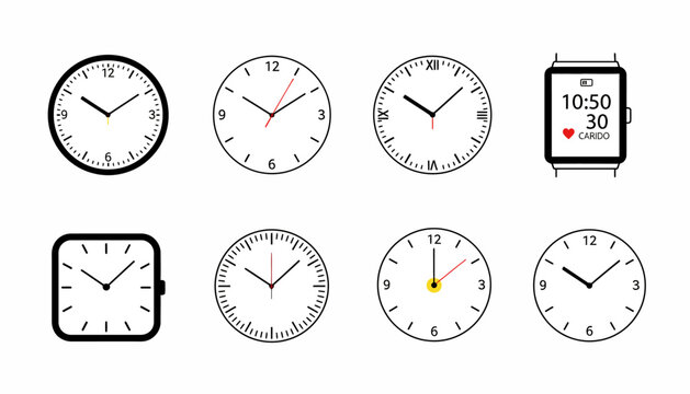 Clocks displayed in a collection of various analog and digital styles are arranged on a white background.
