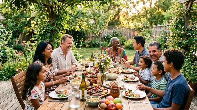 Diverse multi-generational family enjoying a summer garden dinner party outdoors with abundant food and laughter