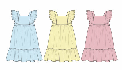 Dresses for children in pastel colors are presented as a set of flat fashion design illustrations.
