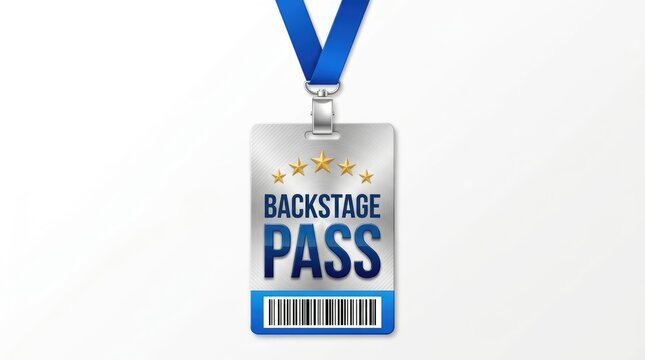 Metal backstage pass badge with blue lanyard and gold stars isolated on a white background