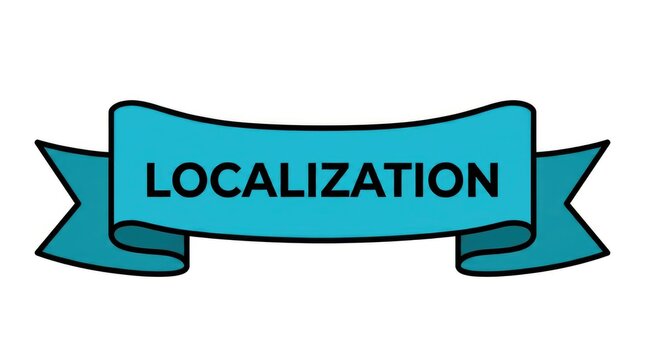 Bright cyan ribbon banner featuring the bold word localization written in a clean black font