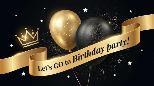 Elegant gold and black balloons with glowing crown graphic and a festive celebratory ribbon banner