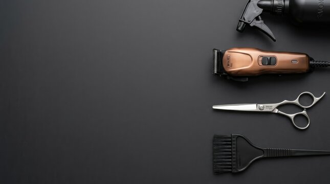 Professional barber tools including copper hair clippers and silver scissors arranged on a dark grey background