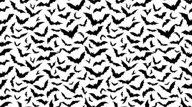 Seamless pattern featuring many small black bats flying across a bright clean white background space