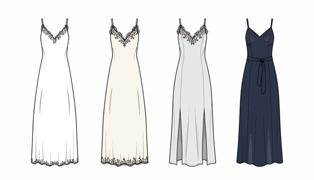 Nightgowns and slip dresses with lace trim are displayed in a set of four variations for a fashion design collection.