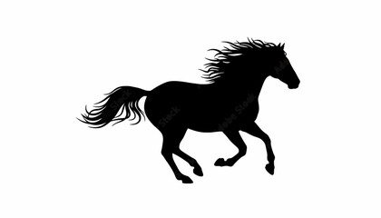 Horse silhouette gallops with a flowing mane against a clean white background to represent freedom. © Fatima