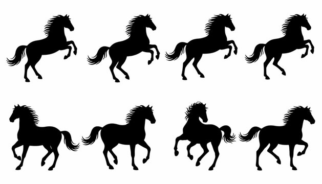 Horses in various rearing and walking poses appear as dark silhouettes arranged in two distinct rows.
