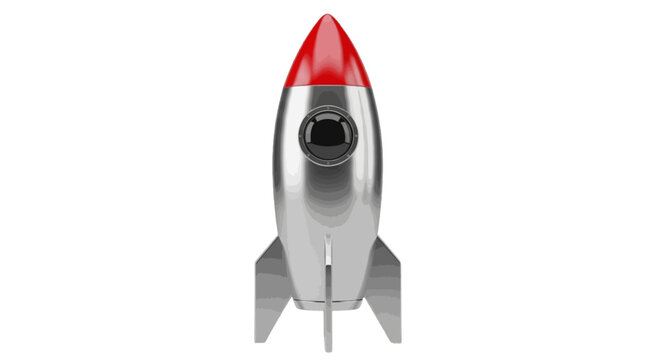 Vector illustration of 3d illustration of a retro silver rocket ship with a red nose cone on a transparent background