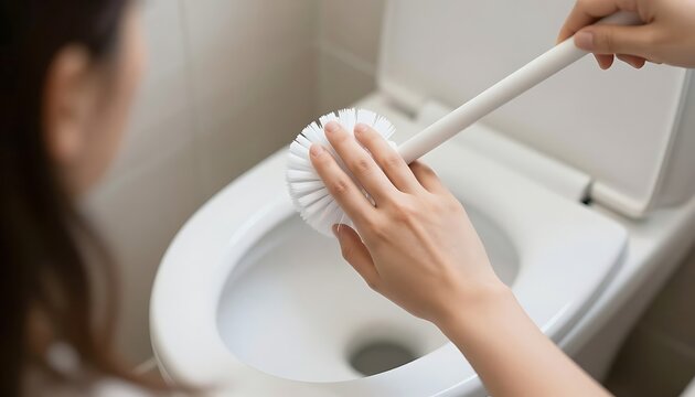 Person holding white toilet brush above ceramic bowl during routine bathroom sanitization task with close perspective person clean interior ceramic