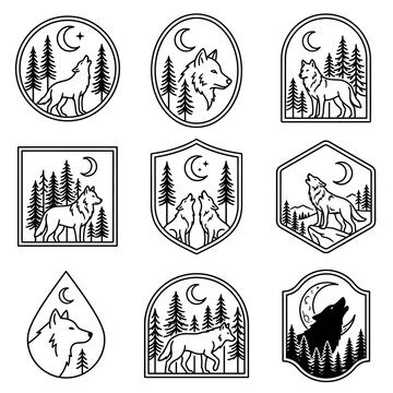 Wolf howling at moon icons.